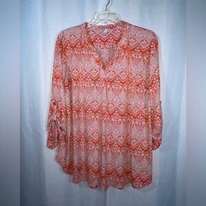 Cato Women's Damask Print Roll Tab Sleeve Tunic Top Size 22/24W Orange White